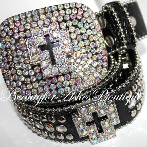 Western Black Bling Cross Belt & Buckle Aurora Borealis AB Crystal Accent ML